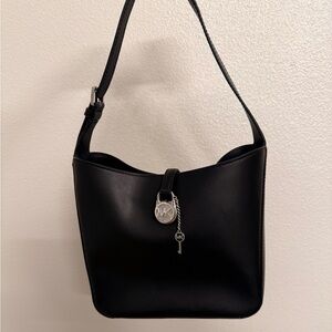Michael Kors Black Leather Shoulder Bag with Signature Charm